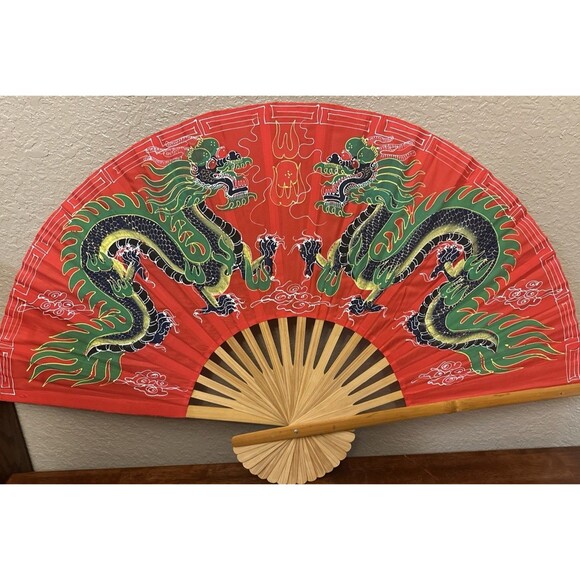 Other - Large Japanese Asian Dragon Wall Fan Red Oriental Bamboo Wall Hanger 24”X40”